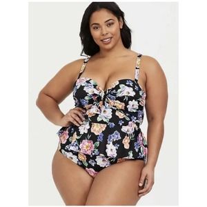 TORRID ONLINE EXCLUSIVE SIZE 5F BLACK FLORAL TIE FRONT UNDERWIRE PEPLUM MIDKINI